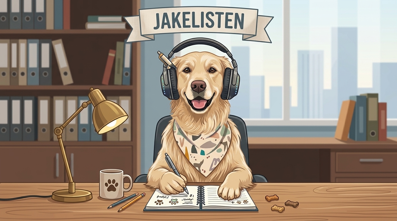 Jake, a golden retriever in headphones, taking notes at a desk